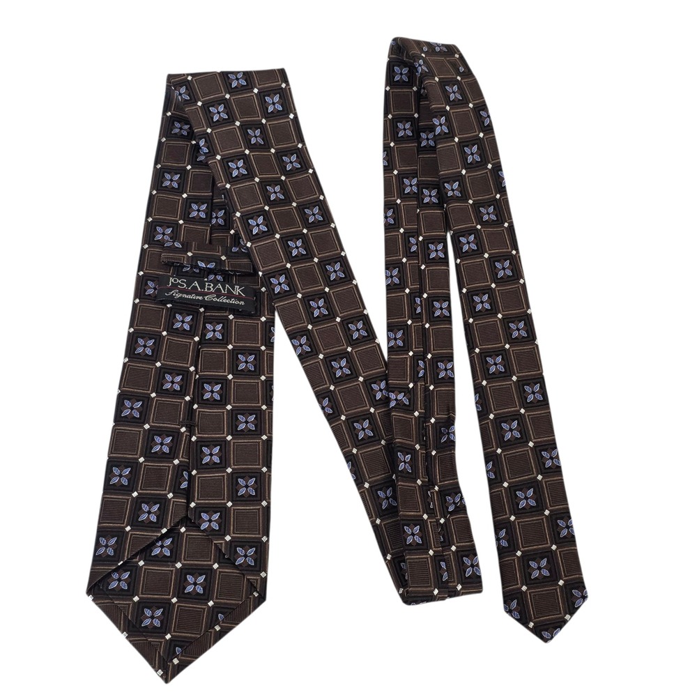 Jos A Bank Signature Collection Mens Necktie‎ 7-fold Brown Blue Silk Embroidered